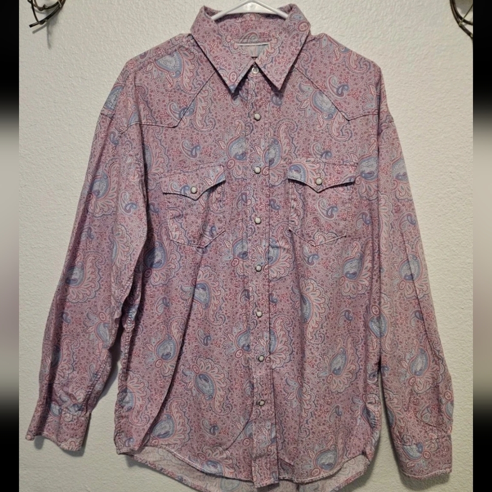 Panhandle Rough Stock Pearl Snap Shirt Mens Large PinkBlue Paisley Western Rodeo